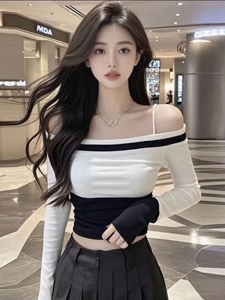 秋季新款设计感撞色短款一字领性感上衣女纯欲风内搭长袖打底衫女#一字领上衣 #长袖打底衫