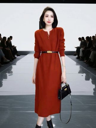 #恒源祥彩羊高级时尚女针织过膝连衣裙秋冬新款宽松中长款打底长裙#时尚潮流穿搭 #谁穿谁好看不分年龄段 #谁穿谁美