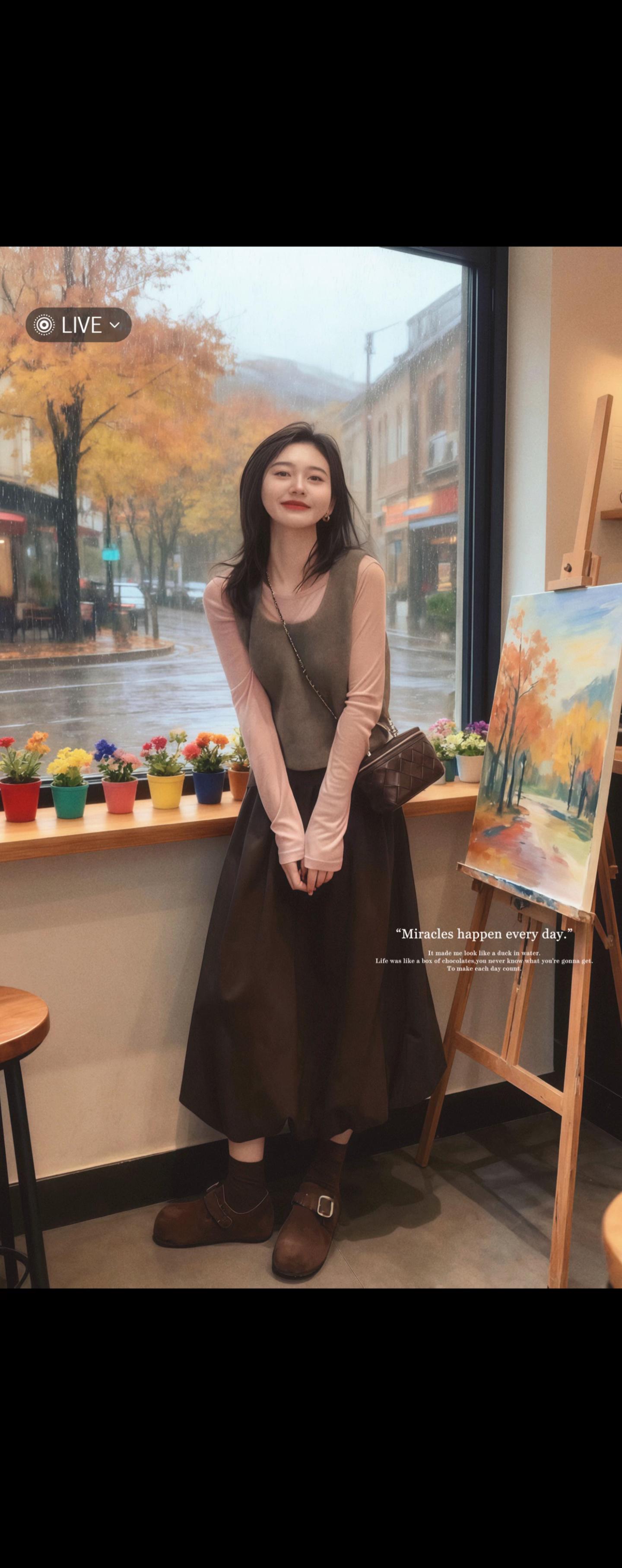 雨日的遇见。深秋的雨丝斜斜织着,苏晓抱着设计稿冲进街角咖啡店时,衣摆还沾着细碎雨珠。她刚坐下,就瞥见邻桌女孩穿的套装——粉色打底衫像揉了团樱花,咖色马甲衬得肩线柔和,高腰花苞裙裹着裙摆,走动时像朵轻轻绽放的花。 “这套是刚出的韩系款吧?”苏晓忍不住搭话。女孩笑着点头,说这是她为约会挑的,“粉色显气色,马甲又能遮手臂,花苞裙还显腿长。” 正说着,女孩的约会对象推门进来,手里举着避雨的伞,看到她时眼里亮了亮。苏晓低头看着自己画了一半的服装设计图,忽然在空白处添了几笔——原来好的衣服,真的能让寻常日子里的相遇,都变得像浸了糖的雨景,甜得恰到好处。 #ootd穿搭 #早秋穿搭三分钟出门不是梦 #秋天变时髦就从韩系穿搭开始 #初秋一周不重样穿搭 #秋日户外就穿琥珀系