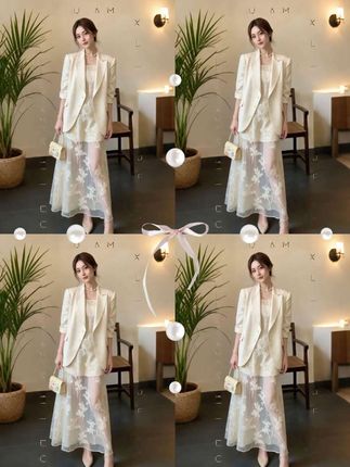 #秋季穿搭 #miu里miu气套装 #小香风白色西装外套吊带连衣裙 #时尚套装