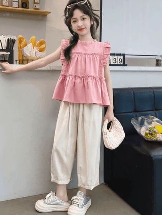 女童夏季套装纯色无袖宽松上衣慵懒风女大童阔腿裤 #时尚#休闲#百搭#夏季#洋气