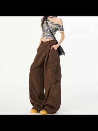 拉夏贝尔美式摩卡棕阔腿工装裤女2025秋季新款宽松显瘦垂感弯刀裤#每日分享
