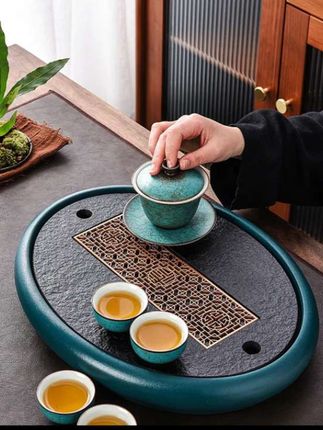 秘程椭圆形茶盘陶瓷乌金石现代简约家用小型储水干泡排水石头托盘#茶托盘
