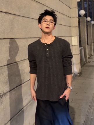 亨利领长袖T恤#极简穿搭 #慵懒风穿搭 #男生穿搭 #长袖t恤 #卫衣
