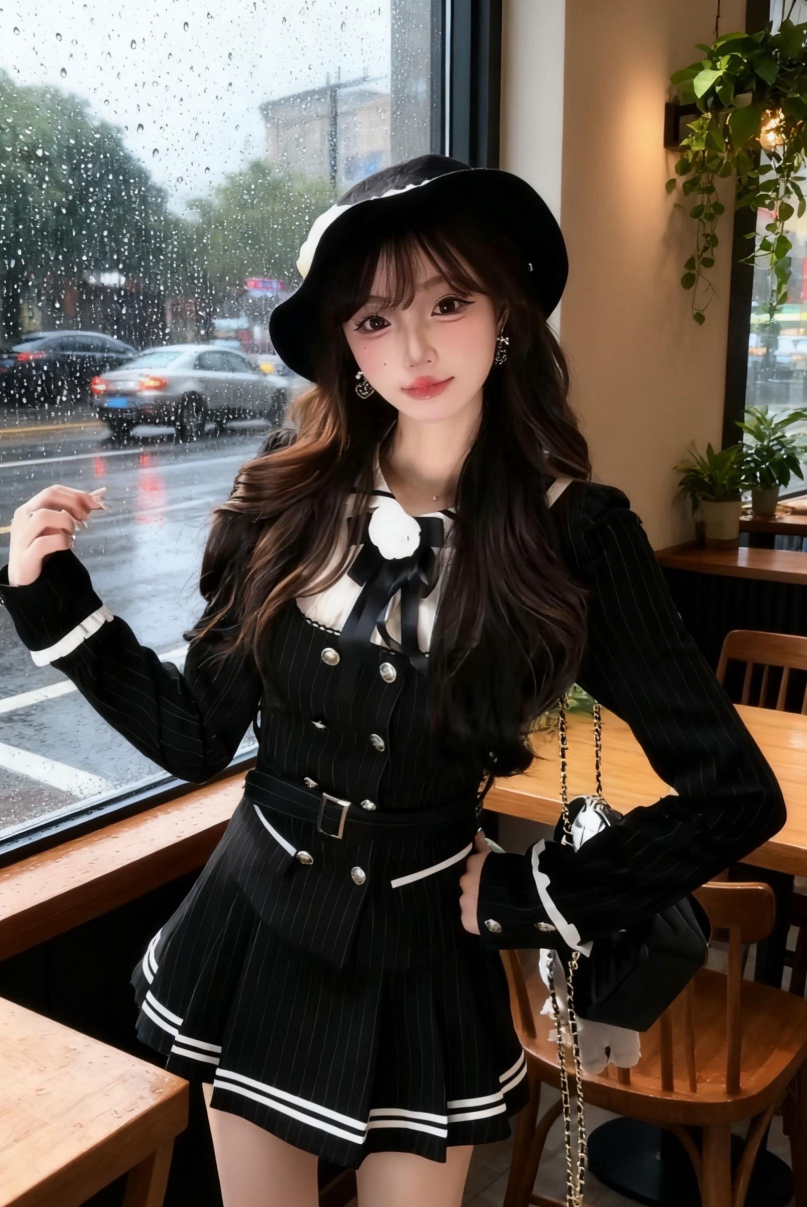 雨天,洛璃穿着精心搭配的黑白系套装,戴着同色系帽子,走进了常去的咖啡馆。她刚结束一场重要的设计提案,想找个安静地方放松。 选好靠窗位置坐下,看着窗外雨幕,她拿出速写本,开始勾勒刚才提案时的场景。笔尖在纸上滑动,思绪也渐渐沉淀。 没过多久,闺蜜夏夏也来了,还带来了洛璃最爱的抹茶蛋糕。两人分享着蛋糕,聊着天,洛璃把提案的紧张和此刻的轻松都讲给夏夏听。雨声、笑声交织,驱散了雨天的沉闷,也让洛璃的疲惫一扫而空。#秋季穿搭 #学院风穿搭 #早秋贵气感穿搭 #韩系穿搭 #穿搭分享