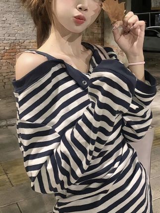 CKKOR韩系条纹一字领露肩长袖t恤女春秋新款刺绣辣妹宽松显瘦上衣#韩版长袖#长袖T恤#新款上衣#宽松上衣#辣妹上衣