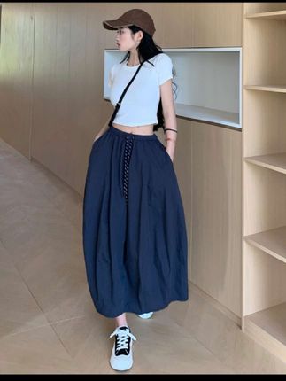 韩系拼接简约南瓜裙女夏季新款时尚百搭宽松显瘦遮肉中长款半身裙#夏季半身裙 #冰丝半身裙 #半身裙穿搭 #显瘦半身裙 #遮肉显瘦