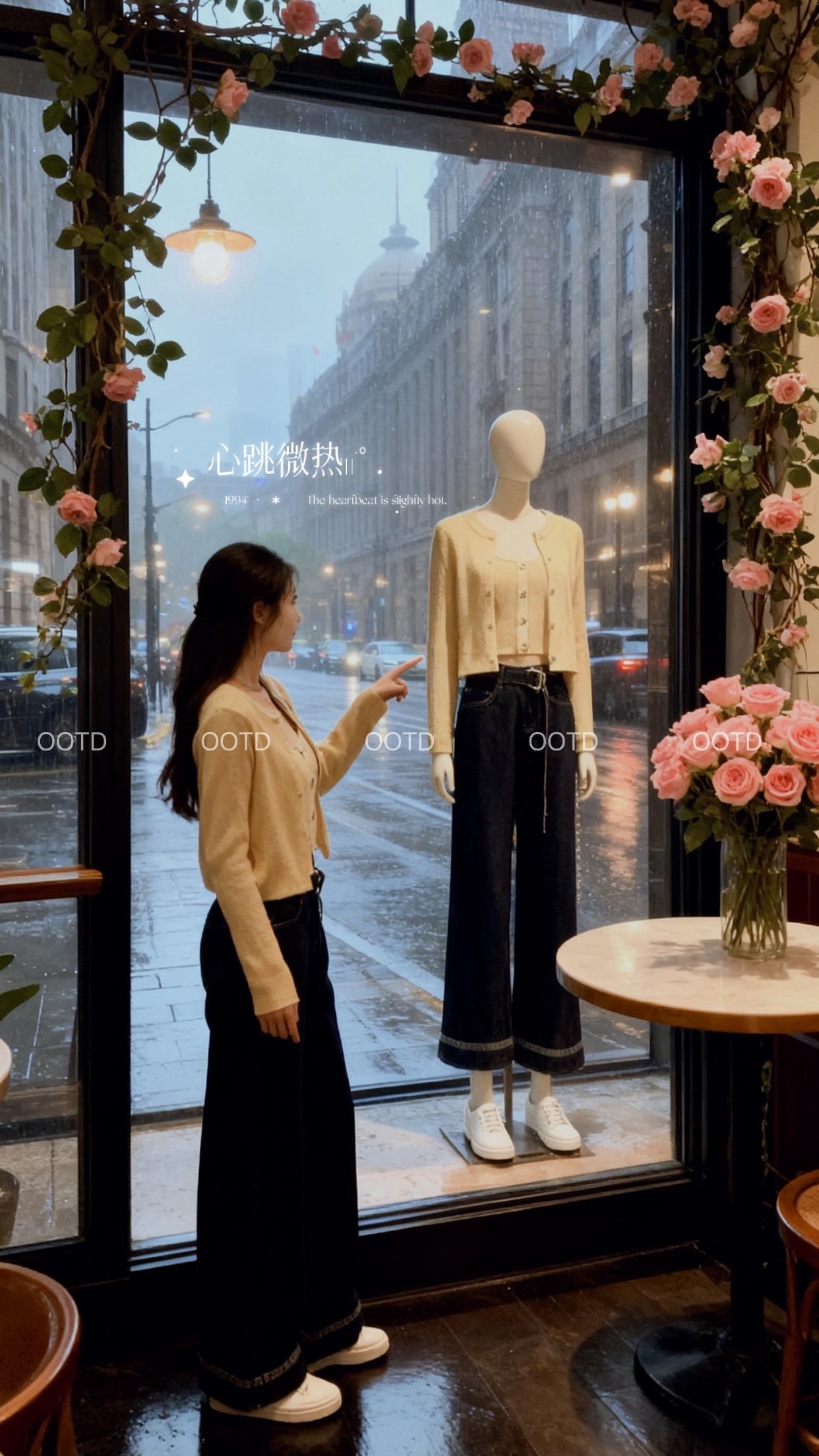 外滩雨天的温柔针织牛仔格调🌧️ 奶黄针织套装搭阔腿牛仔,在烟雨外滩窗边,把温柔与随性揉成风格。玫瑰与湿滑街景相映,演绎轻甜时尚~ #OOTD #外滩打卡 #温柔穿搭 #雨天氛围感 #穿搭分享