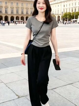 时尚套装女2025夏季新款百搭显瘦短袖T恤女高腰休闲阔腿裤两件套#美搭尽显女神范 #时尚洋气 #时尚穿搭分享 #气质百搭 #时尚休闲套装