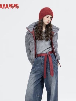 网红洋气炸街女装YAYA鸭鸭官方羽绒服短款千鸟格韩版宽松简约时尚#今日穿搭 #上衣穿搭 #甜美穿搭 #外套分享 #韩版穿搭