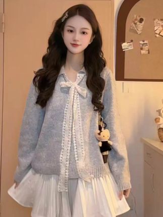 休闲风女V领针织蝴蝶结毛针织衫拼接秋季娃娃领法式#女装穿搭 #针织衫 #甜美穿搭 #针织毛衣 #早秋穿搭