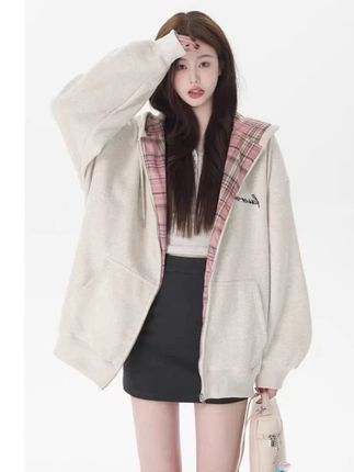 CKKOR早秋新款美式格子连帽拉链开衫卫衣外套休闲宽松慵懒上衣女 #宽松慵懒 #连帽衫 #开衫外套 #外套穿搭 #韩系穿搭