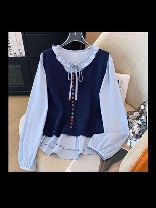#上热门 @DOU+小助手 #超便宜超划算 #高级感穿搭 #谁穿谁好看 #穿搭 法系简约糖果色扣子马甲荷叶边领衬衫两件套春秋新款纯色上衣套装