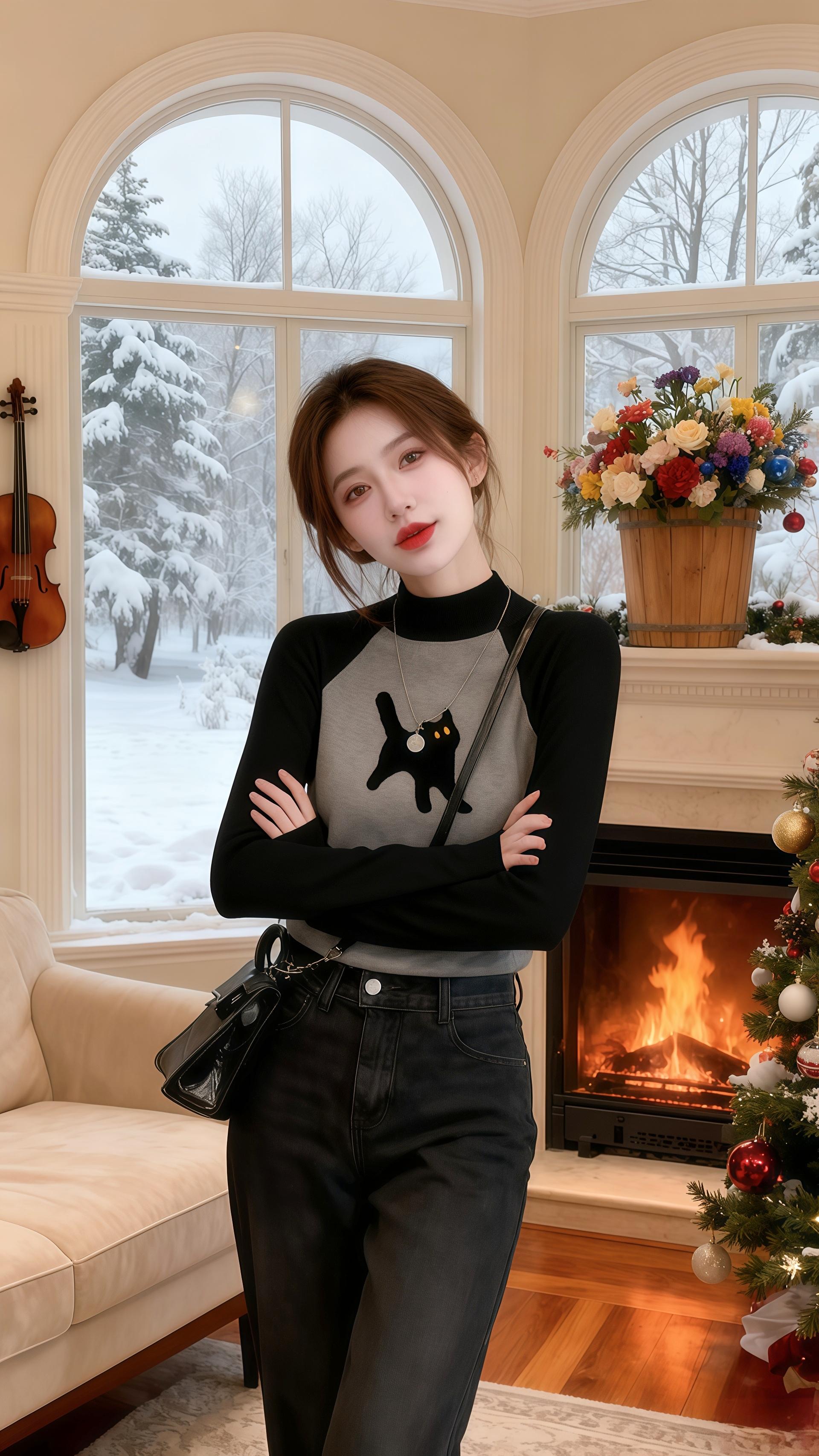《冬日暖居的猫系少女》林夏的冬日,总被温暖填满。她爱穿那件印着黑猫的针织衫,搭配深色牛仔裤,在米色调的欧式家里,把日子过成了诗。 壁炉的火焰噼啪作响,她有时窝在米色沙发里看书,阳光透过拱形窗,落在她发梢,也落在窗外的雪景上。偶尔她会站在壁炉旁,指尖轻轻拂过木质花桶里的缤纷花束,看雪片簌簌落在圣诞树上,红的球、金的饰,和室内的暖形成奇妙的呼应。 墙上的小提琴是她的小秘密,偶尔她会取下拨弄几下,琴音和着壁炉的暖意,在屋里悠悠回荡。她的黑猫毛衣像个陪伴者,陪着她在这暖居里,把冬日的冷,都变成了心头的甜。#高级感穿搭 #秋冬穿搭 #打底衫 #减龄气质 #强烈推荐