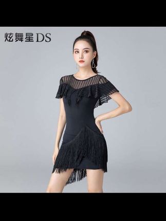 拉丁舞连衣裙性感流苏练功服套装专业网纱荷叶边舞蹈服高档训练服