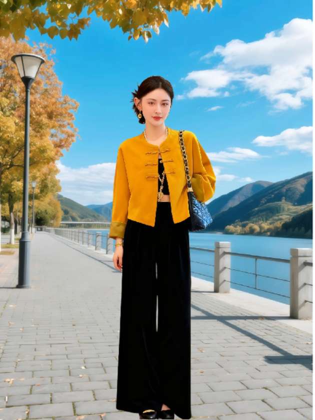 #新款中式两件套女#新中式盘扣外套#阔腿裤两件套#洋气时尚