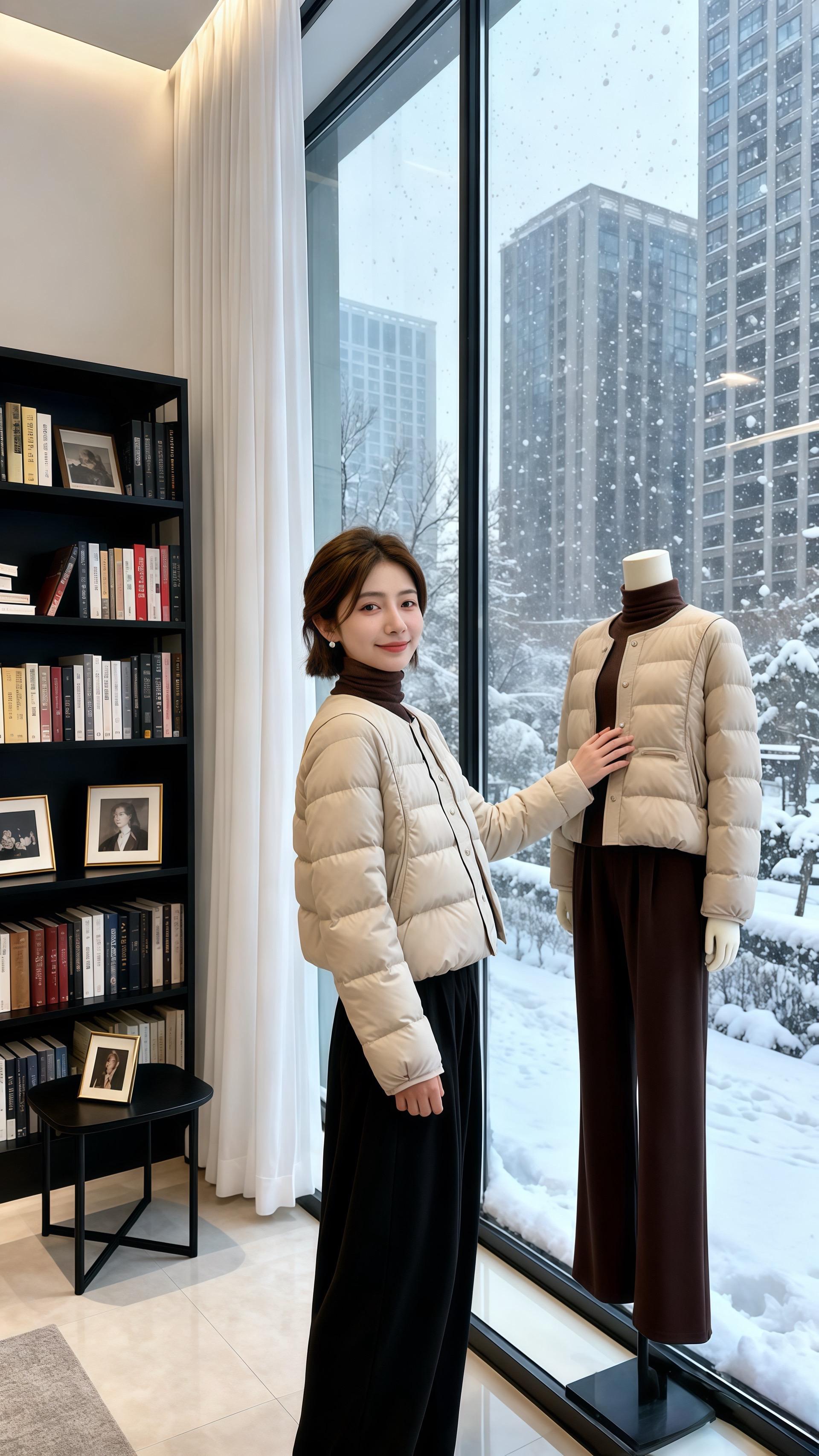 苏晓在巷尾服装店避雪,店主递来件针织拼接棉服: “2025新款,假两件设计,暖得很。” 米白针织领裹住她半张脸,短款剪裁露出牛仔裤腰的银扣,棉服下摆的弧度刚好遮住臀线。她抬手拢拉链,针织袖口护住腕间细红绳,窗外雪粒子正撞在橱窗的蓝花上。 抱着白猫转身时,猫爪勾住了模特身上的同款棉服。置物台香薰漫出暖雾,街上车灯在雪幕里晕成金圈一这件松快的韩版外套,竟把冬日的冷与店内的暖,都揉成了妥帖的温柔。 #早秋穿搭三分钟出门不是梦#秋冬穿搭新鲜感在线#早秋黑白灰穿搭测评 #普通人韩女感速成穿搭 #晒晒我的秋日穿搭