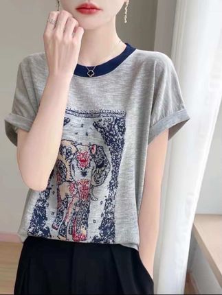 夏季新款【竹节麻】758拼色圆领大象图案大码针织短袖百搭显瘦上衣