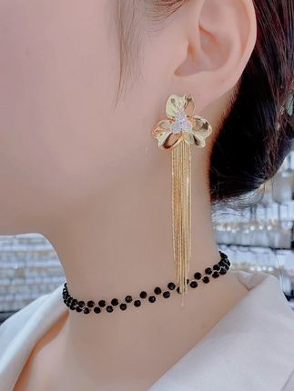 时尚金色百搭气质花朵流苏显瘦耳环#流苏耳环#时尚耳环#长款流苏耳环