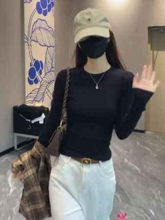 鹭岛故事螺纹小圆领长袖t恤女春秋修身打底衫内搭显瘦正肩上衣潮