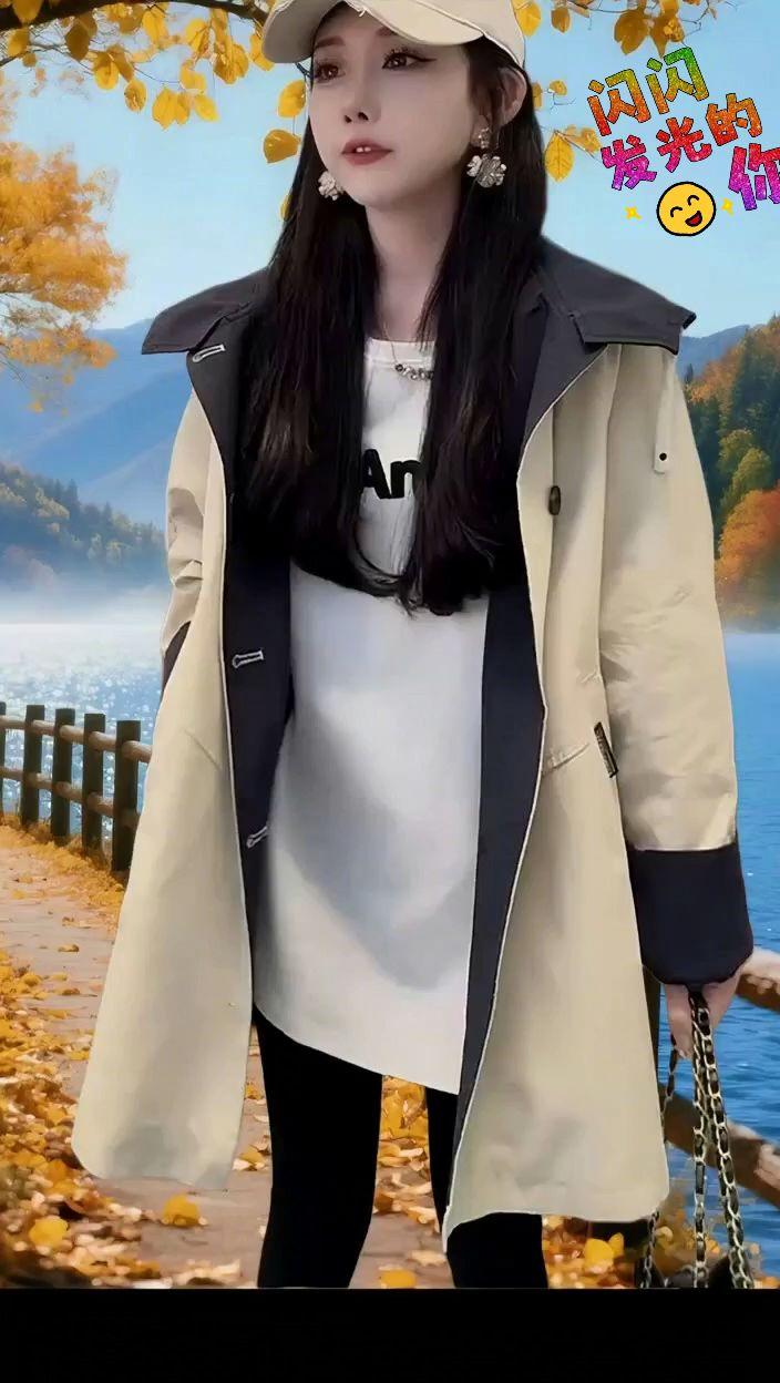 #中秋撞色拼接风衣女中长款2025秋季新款工装韩版设计感休闲洋气外套