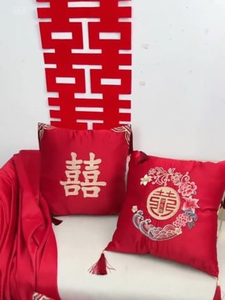 #中国风刺绣红喜字抱枕 坐垫跪垫 #装饰靠枕 #靠垫 #红色喜庆
