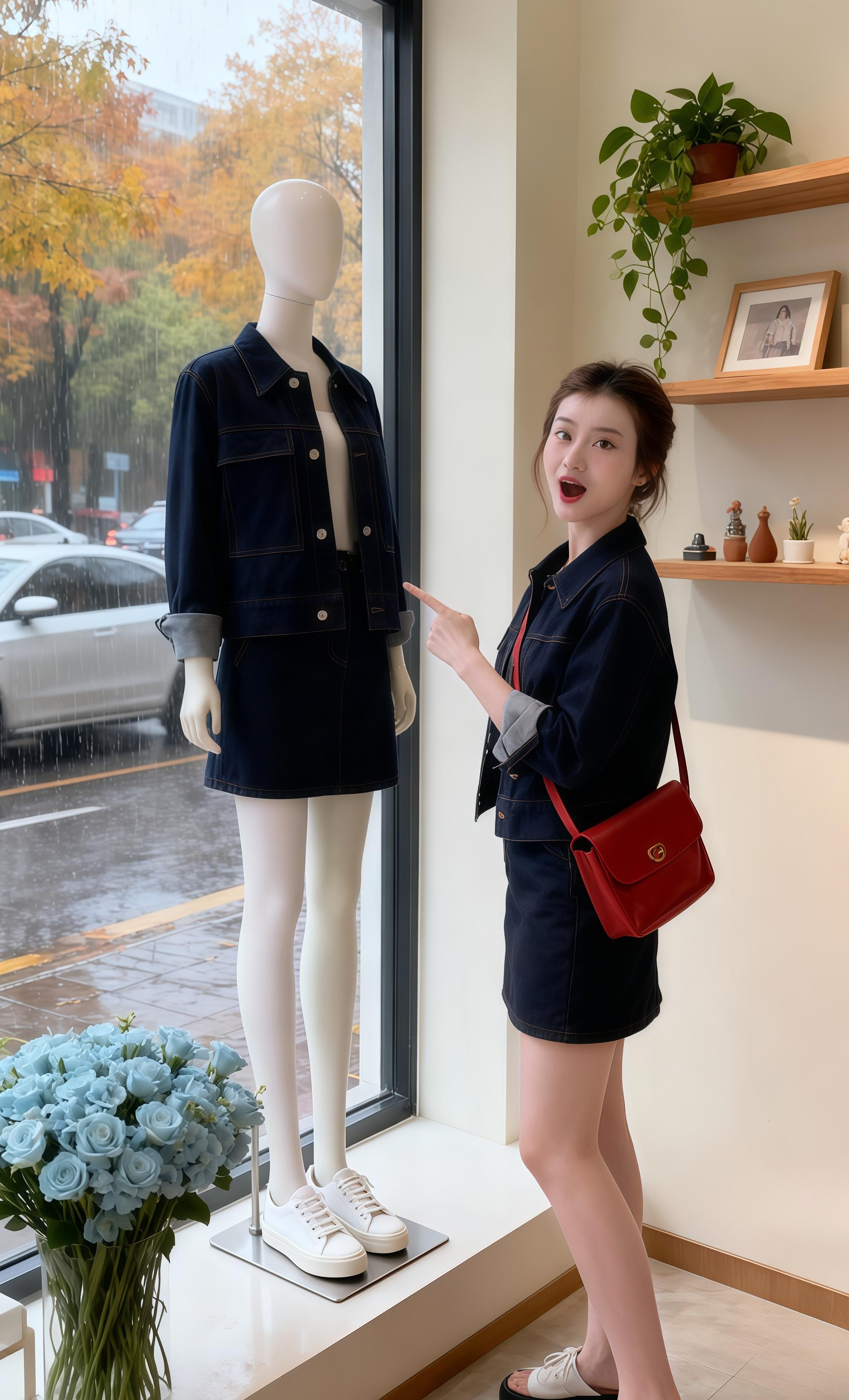 《雨天服装店撞衫模特的小惊喜》雨天逛街,林晚误打误撞进了家温馨的服装店。刚站定,就瞅见窗边模特身上那套藏青色套装,眼睛倏地亮了——和自己身上穿的几乎一模一样。她笑着伸出手指,点向模特,仿佛在和另一个“自己”打招呼。窗外雨丝缠绵,把街景晕成暖黄的画,店内木架摆着小摆件、垂着绿植,角落还有一束浅蓝的花。红色挎包随手臂晃动,她踩着拖鞋,在这安静又有巧思的空间里,因这奇妙的“撞衫”,把雨天购物的小惬意又添了几分。#通勤穿搭万能配色公式 #气质范 #外套穿搭 #穿搭 @抖加🔥上热门🔥dou+🔥热点宝 @DOU+小助手