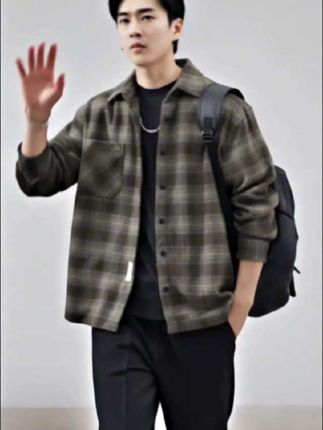 秋季格子工装衬衫男款磨毛加:/ 厚保暖宽松休闲长袖夹克外套#时尚穿搭 #男士格子外套 #夹克外套 @DOU+小助手