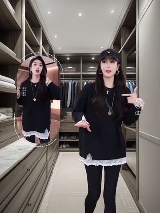 #女装搭配 #上衣穿搭 冬季新款设计感假两件显瘦长袖拼接蕾丝打底上衣
