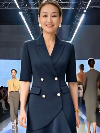 短袖连衣裙纯色夏季双排扣斜肩女神范轻职风名媛时尚显瘦气质新款##夏季干净风穿搭#毫不费力地打开初秋穿搭#一击即中的夏日穿搭#不同岗位的夏季穿搭