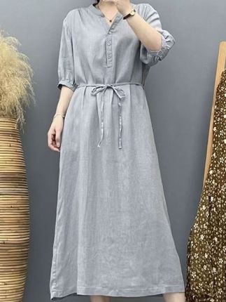 腰间系带连衣裙纯色洋气百搭气质文艺长裙显瘦#夏季穿搭 #女装 #减龄气质 #优雅气质 #连衣裙分享