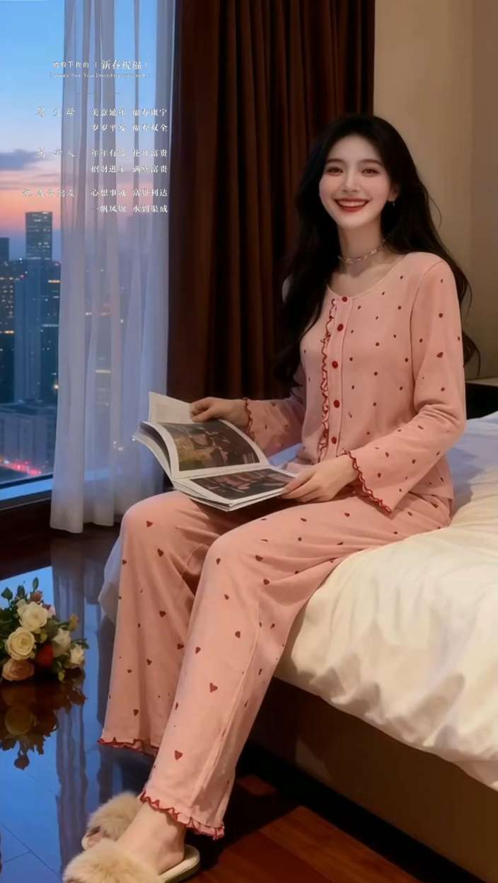 谁穿谁好看晚风与桃粉睡衣美哭了。暮色漫进落地窗,她身着一套桃粉色爱心睡衣,如落进人间的甜梦。上衣是圆领开衫,红边木耳边随纽扣蜿蜒,长袖下摆也缀着同色花边;阔腿裤宽松垂坠,爱心印花与衣身呼应,裤脚那抹红边更添精致。毛绒拖鞋轻踩木地板,或执一杯暖饮,或翻读闲书,在都市黄昏里,这套睡衣把慵懒与精致揉成了独一份的松弛感,是居家时光里的温柔仪式,让每个夜晚都因这份穿搭心动。#睡衣家居服 #睡衣控 #家居服 #家居服套装
