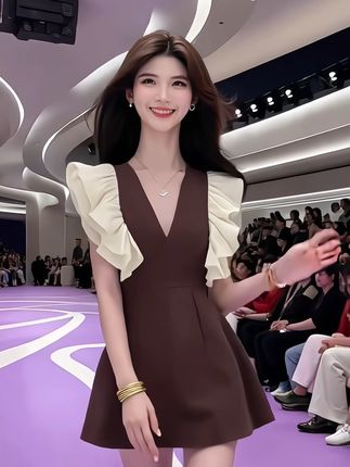#夏季穿搭 #气质仙女裙穿搭 #约会穿搭 #时尚减龄穿搭 #气质女神穿搭 夏季新款2025轻奢优雅棕色V领拼接设计收腰连衣裙女显瘦时尚高级