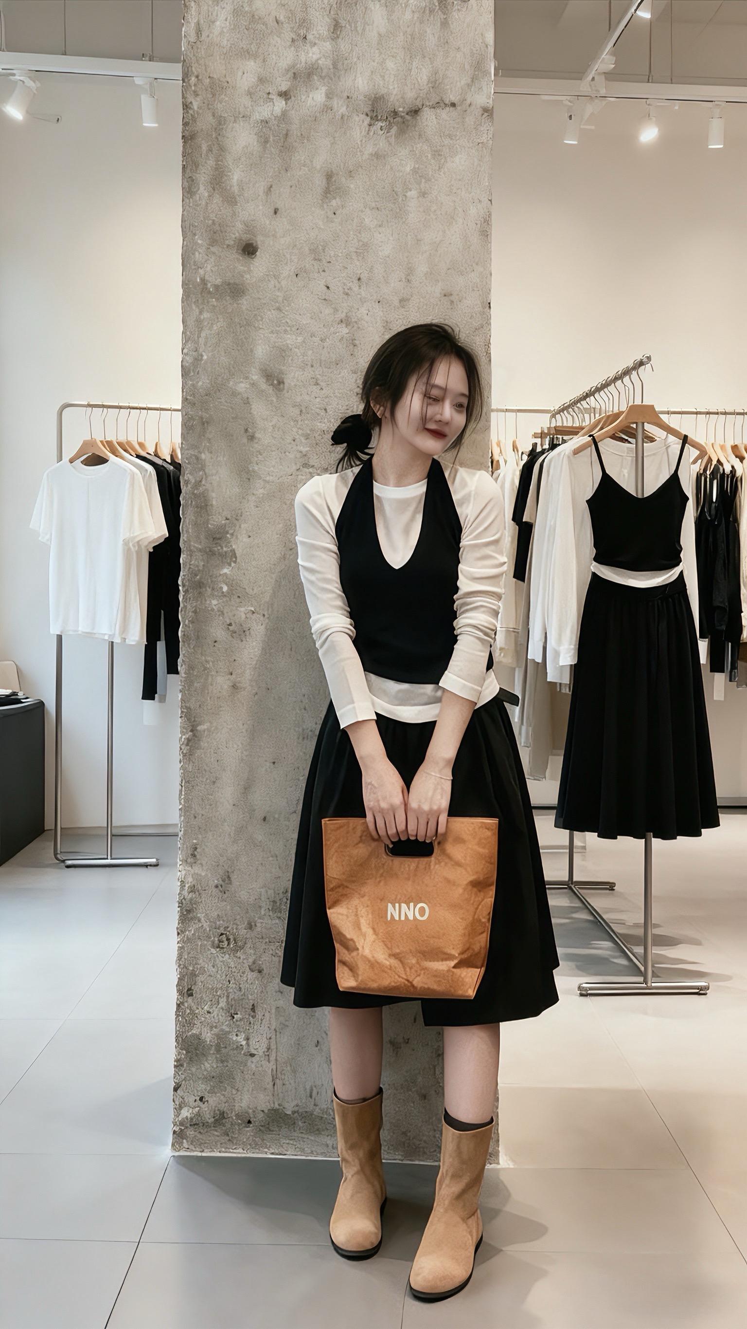 在“NNO”小众服装工作室里,林夏像只快乐的小鸟。她身着黑白叠穿的挂脖马甲套装,脚踩驼色短靴,手举牛皮纸袋,眉眼弯弯。这里的每一件简约风服饰都长在她审美点上,模特身上相似的搭配更是让她确信自己的选择。从试衣到买单,她沉浸在这份穿搭的愉悦里,仿佛在这片黑白与驼色交织的时尚小天地,找到了属于自己的风格密码,每一次转身都像在演绎独属于她的时尚短剧。 #预制国庆出游穿搭 #秋冬穿搭新鲜感在线 #早秋穿搭三分钟出门不是梦 #整个时尚圈都在等入chill