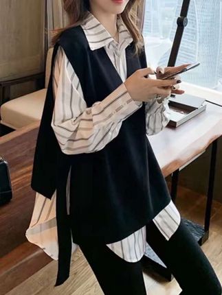 大码女装遮肚子长袖条纹衬衣女春秋季胖mm宽松显瘦衬衫马甲两件套#好物推荐🔥 #两件套 #谁穿谁好看 #好穿又好搭 #美出高级感