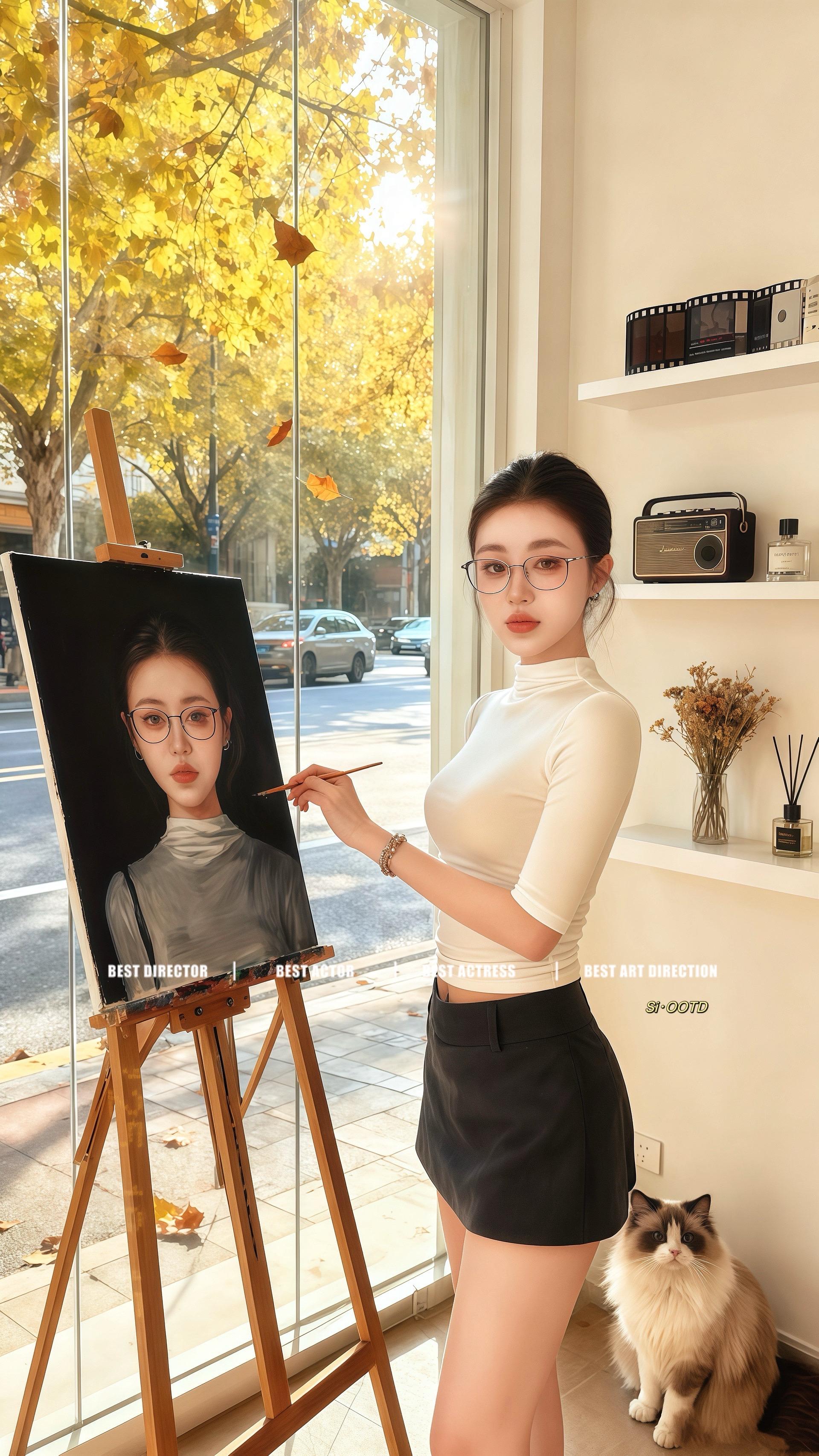 秋日画室的白色线条 林晚站在画架前时,阳光正透过落地窗,在她身上织出一层暖金。白色半高领中袖上衣贴合身线,将肩颈的优雅弧度衬得愈发清晰,袖口刚好落在小臂最纤细的位置,抬手调颜料时,衣料随动作轻贴肌肤,不见局促只显利落。 黑色高腰A字短裙下摆微微散开,遮住膝盖上方一点,配着她踩在浅色地板上的软底帆布鞋,每走一步都像踩着秋日的节奏。细框眼镜架在鼻梁上,镜片偶尔反射出窗外金黄的树影,她垂眸蘸取赭石色颜料时,发丝落在镜片旁,抬手拢发的瞬间,袖口露出的手腕线条,和画布上逐渐成形的肖像一样,满是温柔的韧劲。 #甜辣穿搭 #辣妹穿搭 #御姐 #超a小姐姐 #赵露思穿搭