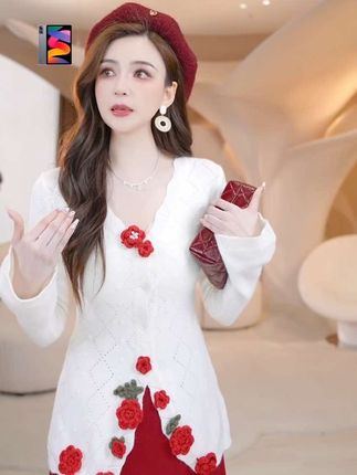 【玫瑰花语】立体玫瑰拼接温柔优雅针织开衫#丫头baby #丫头baby直播回放 #针织衫 #毛衣