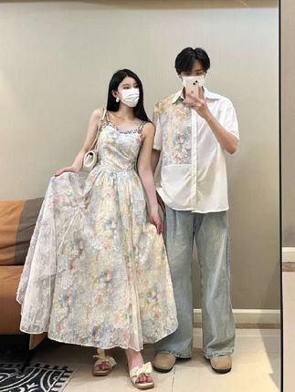小众设计感情侣装夏季韩版短袖衬衫男女连衣裙法式一裙一衣ins潮#强烈推荐 #情侣穿搭 #出游穿搭 #一定要跟对象穿一次情侣装