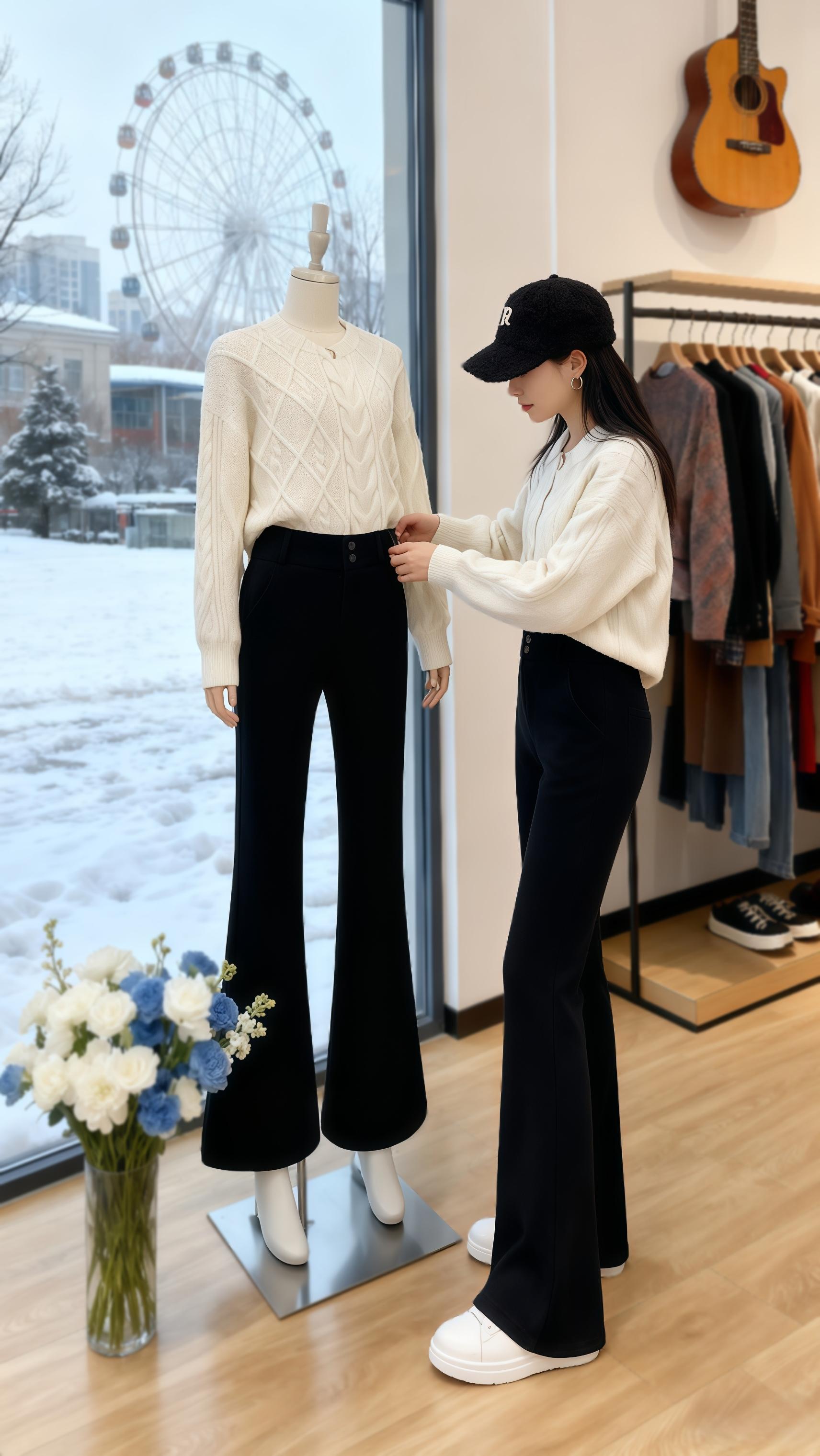 《冬日衣橱奇遇:这条微喇裤,让我在雪天里美成女主角》   魔都的初雪洋洋洒洒,林晚推开“时光衣社”的门,风铃轻响。当指尖触碰到那条加绒灯芯绒微喇裤时,她就知道——这个秋冬的时尚主角非它莫属。   同系列的白色绞花毛衣温柔又复古,高腰微喇裤型把她的腿衬得又直又长,加绒面料在雪天里给足了安全感。窗外摩天轮在雪景里慢悠悠转着,墙上的吉他泛着暖光,林晚对着镜中的自己笑了:原来“显高显瘦又保暖”的秋冬穿搭密码,就藏在这条裤子里。   这个冬天,谁还不是个在时尚里找温暖的精致女孩呢~  #小个子穿搭 #今天穿什么 #秋冬穿搭