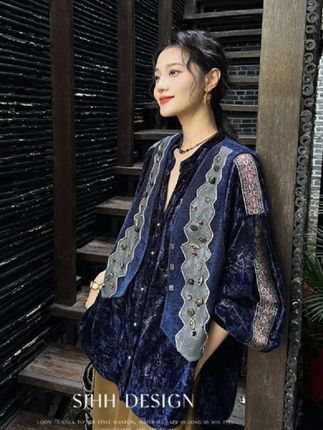 三吉黑花【黛光山】抓皱烫金民族风丝绒衬衫#高级感穿搭 #今天穿什么 #这也太好看了 #高级感穿搭 #国风古韵