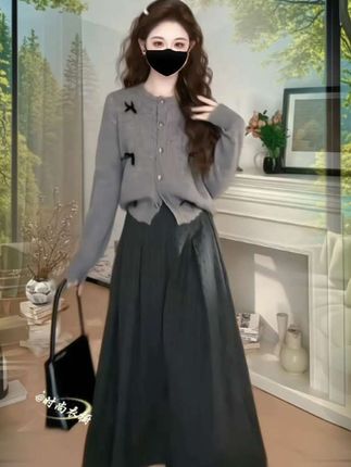 早秋小个子灰色针织开衫毛衣女2025高级感复古半身裙两件套装#高级感穿搭 #时尚气质穿搭 #春秋穿搭 #早秋贵气感穿搭 #被秋日感氛围穿搭拿捏了