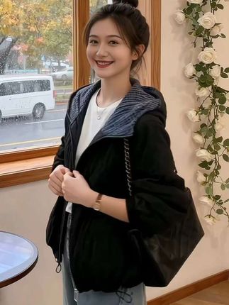 大码胖mm棉服女休闲秋冬连帽时尚女士连帽梭织棉衣宽松拼接#高级感穿搭 #小个子穿搭 #ootd穿搭 #外套穿搭 #棉服也能穿出时尚感