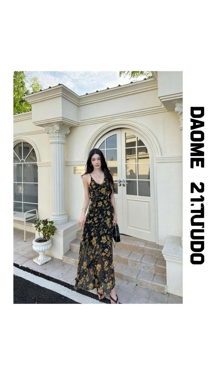 DAONE法式气质雪纺印花不规则荷叶边V领收腰显瘦吊带连衣裙长裙