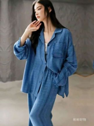 带胸垫蓝色高级感流苏花边睡衣#舒适家居服可外穿 #穿出自己的风格 #睡衣套装 #在家也要美美哒 #家居服分享