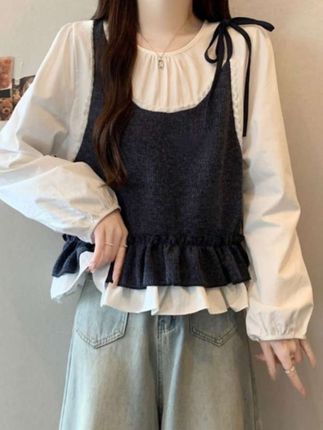 #上衣女装 大码秋季新款法式复古拼接假两件设计感长袖娃娃衫长袖上衣#长袖上衣推荐