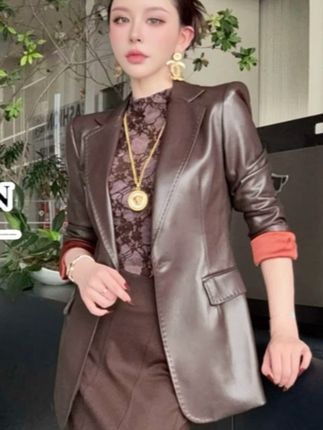 SS姗姗 秋季新款轻奢修身一粒扣拱针设计皮西装外套 50870134-962#皮衣外套搭配 #皮衣搭配 #高级感穿搭 #高端女装 #轻奢女装