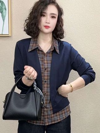 2025秋季新品时尚显瘦假两件设计感减龄拼接格子长袖上衣#上热门 @DOU+小助手