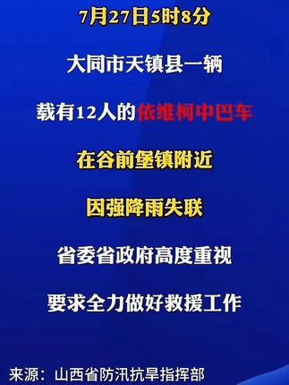 大同市天镇县一辆载有12人中巴车因强降雨失联# 最新消息#山西大同载12人中巴因强降雨失联# 大同强降雨 #山西河津交通事故致6死8伤 #电影南京照相馆后劲 #北京发布地质灾害红色预警 #秦皖燕迟大婚