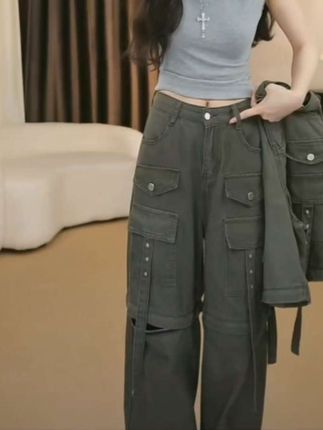 绿色高腰设计感宽松显瘦韩版可拆卸女生韩系ins衣服工装#女装穿搭 #女装搭配 #裤子 #裤子推荐 #好看又便宜