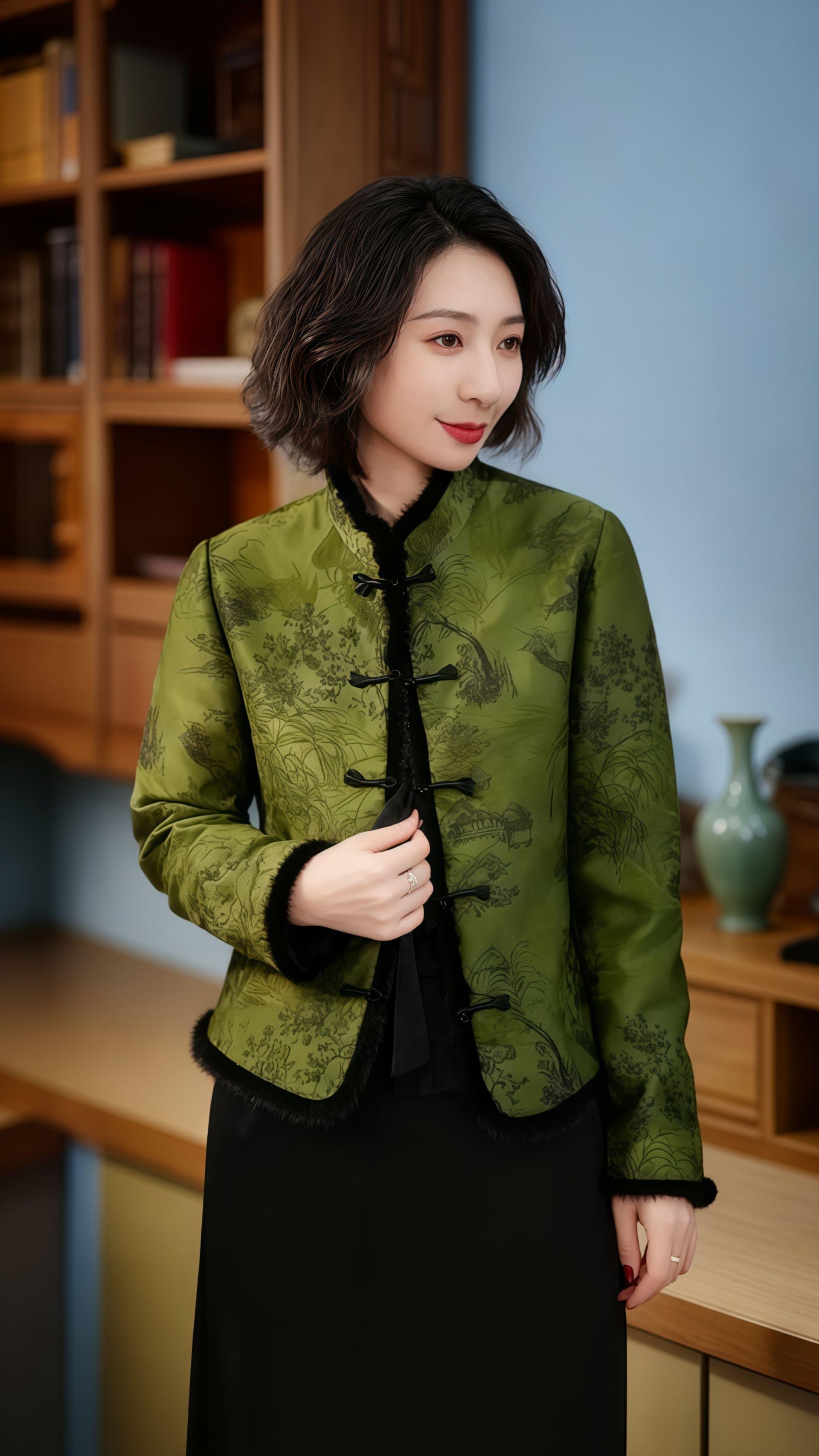 新中式加棉绿色提花女士短外套#新中式穿搭 #新中式 #新中式外套